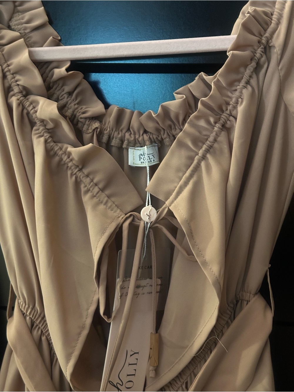 Bell Sleeve V-Neck Wrap Jumpsuit Romper in Camel - Picture 2 of 6